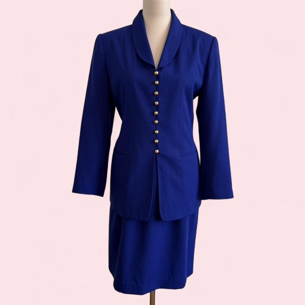 Kasper Royal Blue Gold Button Skirt Suit Set — Size 12 Petite